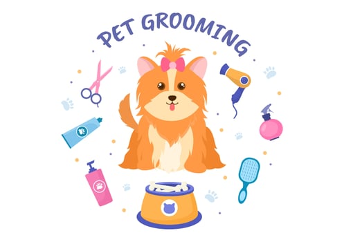 Pet Grooming for Dogs and Cats in Flat Cartoon Hand drawn Background Illustration. The Main Tools Which are used in Beauty Salon for Poster or Banner vector