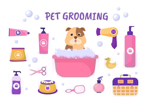 Pet Grooming for Dogs and Cats in Flat Cartoon Hand drawn Background Illustration. The Main Tools Which are used in Beauty Salon for Poster or Banner vector