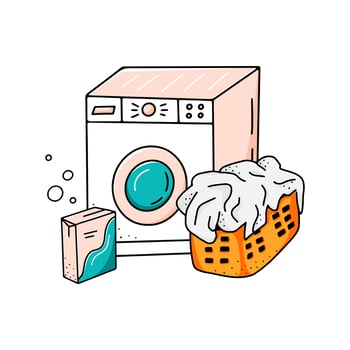 Laundry concept. Hand drawn vector illustration of washing machine, washing powder and dirty laundry basket. Doodle style