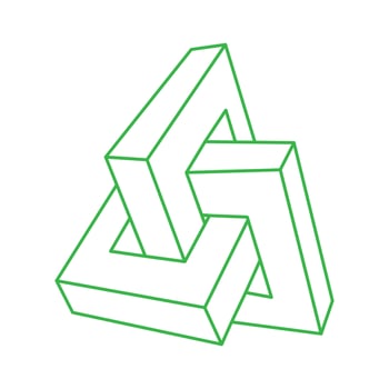 Impossible shapes. Logo. Optical illusion. Sacred geometry figure. Abstract eternal green geometric object. Impossible endless outline. Optical art. Impossible geometry shape on a white background. vector