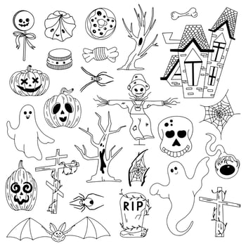 Halloween vector line art set. Traditional halloween symbols - carved pumpkins, halloween sweets, graveyard, ghosts, skull, bat, scary tree and house