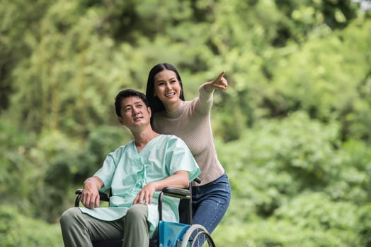 Disabled man in wheelchair and girlfriend in the park photo