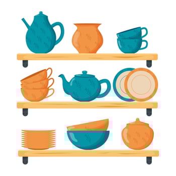 Set ceramic kitchenware. Cute handmade ceramic plates, mugs, sugar bowl, teapots, dishes. Kitchen tools, pottery. Flat vector illustration