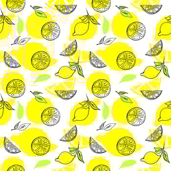 Seamless citrus lemon hand drawn pattern vector illustration isolated on white background. Fruit print, textile pattern or wallpaper with cute elements.