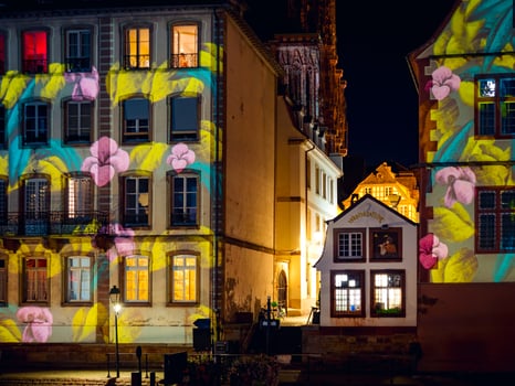Colorful night street view of Styrasbourg. Highlighted buildings. Comfortable place. photo