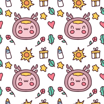 Cute baby in deer hat and funny element cartoon doodle. Background illustration for seamless pattern, poster, or apparel merchandise. vector