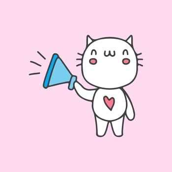 Kawaii cat holding megaphone cartoon doodle. illustration for t shirt, poster, logo, sticker, or apparel merchandise. vector