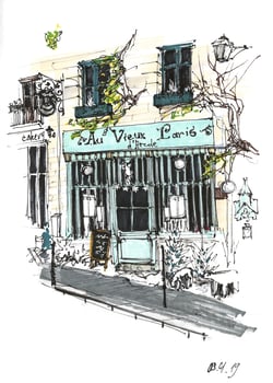 Classic french cafe entrance on the street in Paris photo