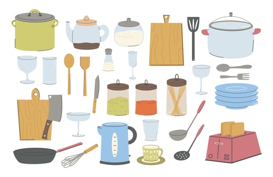 Cook appliances and accessories collection. Kitchen utensils, tools, equipment and cutlery for cooking. Flat vector illustrations of cookware objects isolated on white background.