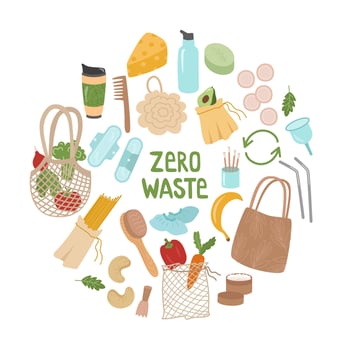 Zero waste is a set of elements for the concept of reusable items and recycling. Eco-bags for food, vegetables, washcloth, water bottle, bags, thermocup, shoe covers. Vector illustration.