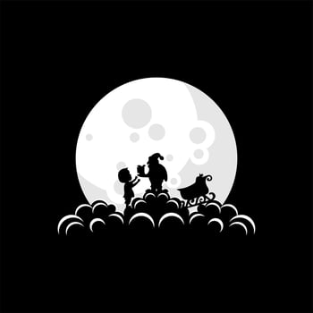 Vector illustration of santa claus giving a gift to a child on the moon