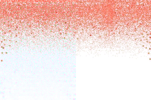 Confetti in shades of living coral border isolated on white. Falling sparkles dots and stars. Shiny dust vector background. Rose gold glitter texture effect.