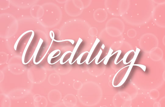 Hand written calligraphy lettering Wedding with brush. Soft pink background with bubblies bokeh. vector