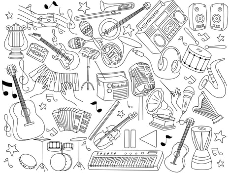 set of music instrument in doodle style vector