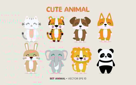 a collection of cute and adorable animal picture sets, with plain colored backgrounds suitable for template designs, invitations, and other design needs. vector