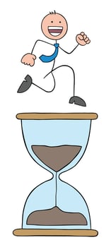 Stickman businessman is happy, energetic and running on the big hourglass, hand drawn cartoon vector illustration