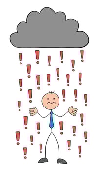 It's raining danger with exclamation point and stickman businessman is very confused, hand drawn cartoon vector illustration