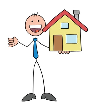 Stickman businessman holding house, hand drawn outline cartoon vector illustration