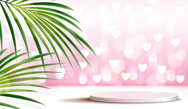 Happy valentines day and stage podium decorated with heart shape lighting. pedestal scene with for product, cosmetic, advertising, show, award ceremony, on pink background. vector design