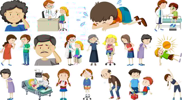 Set of sick people with different symptoms vector