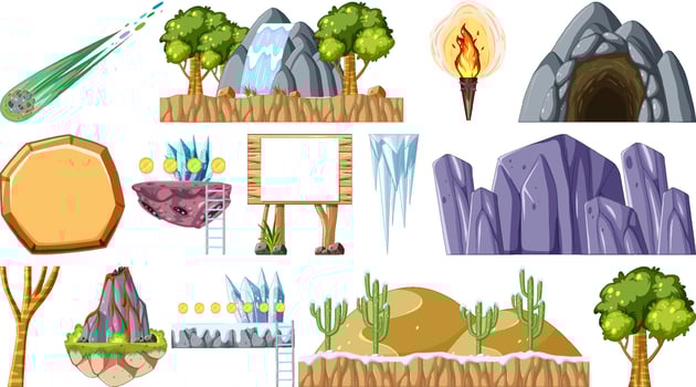 Set of isolated fantasy space game objects and elements vector