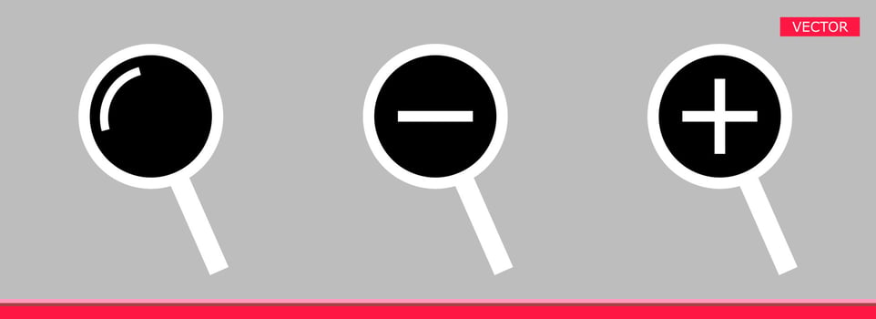 Black pixel magnifier icon sign cursor vector illustration set flat style design isolated on gray background.