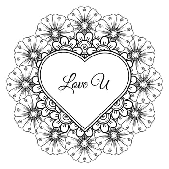 Mehndi flower with frame in shape of heart. decoration in ethnic oriental, doodle ornament. vector