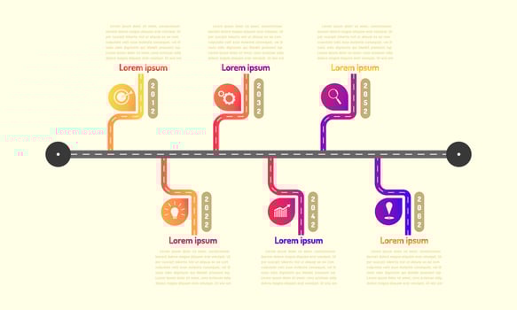 subway roadmap timeline elements with markpoint graph think search gear target icons. vector illustration eps10