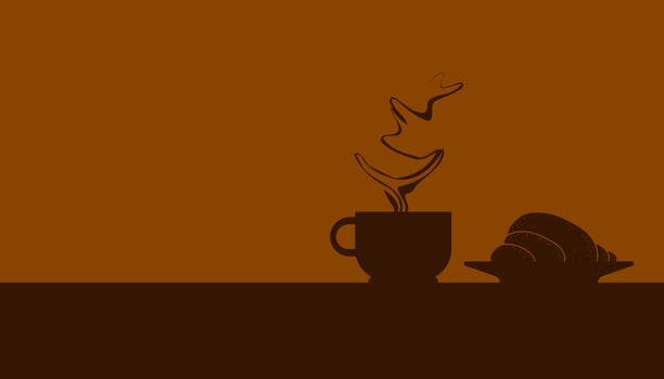 silhouette one coffee cup with beautiful smoke and one croissant. take a break with your favorite drink.  vector illustration eps10