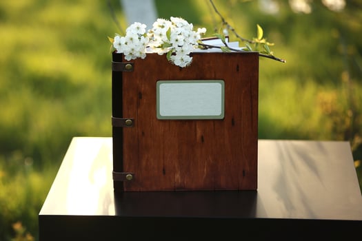 wooden photobook on the table. place for the inscription photo