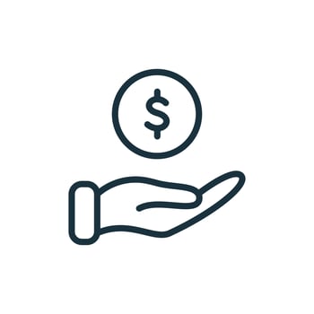 Hand with Dollar Coin line icon. Charity and Donation Concept. Financial Help for Needy. Sponsorship Supporter Linear Icon. Vector illustration.