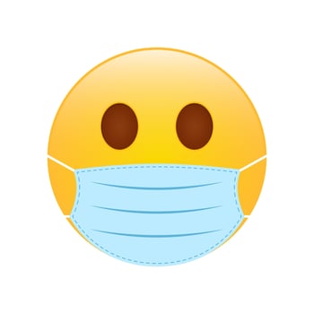Yellow Emoji in Blue Medical Face Mask. Protection of Coronavirus Smile Sign. Emoticon in Surgical Face Mask. Emoji Corona Symbol. Isolated Vector Illustration.