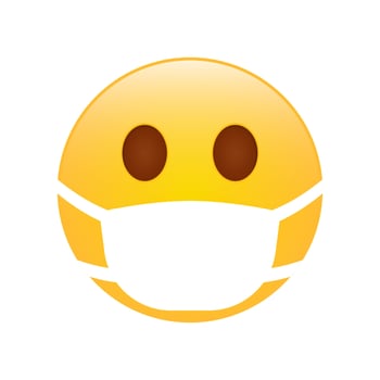 Emoticon Wearing Medical Face Mask. Security of Coronavirus Icon. Cute Emoji in White Surgical Face Mask Corona Protection. Emoticon in Medical Mask Safety of Covid. Isolated Vector Illustration.