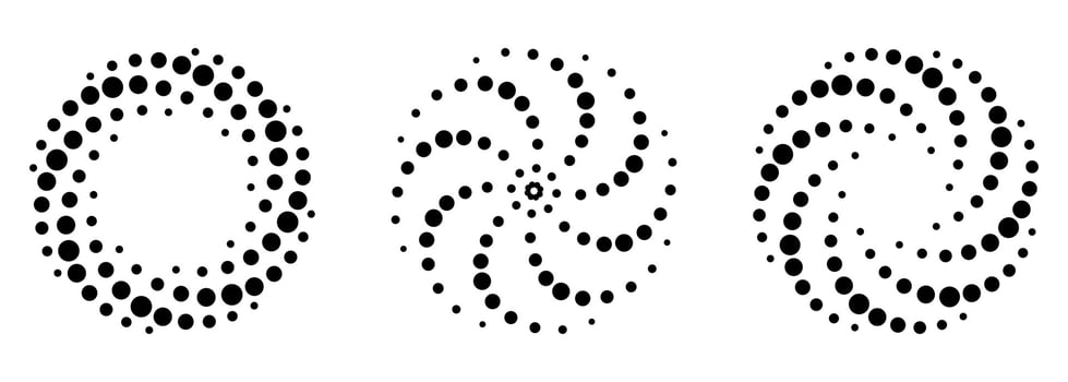 Spiral Halftone Pattern Set. Black Dots in Circle on White Background. Round Swirl Minimalistic Template. Twirl Abstract Modern Design. Vector Illustration.