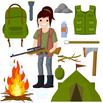 Woman hunter with gun. Survival kit in woods. vector