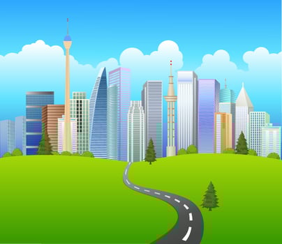 Skyscrapers business center not far from countryside with clean green grass. Grass collection. vector