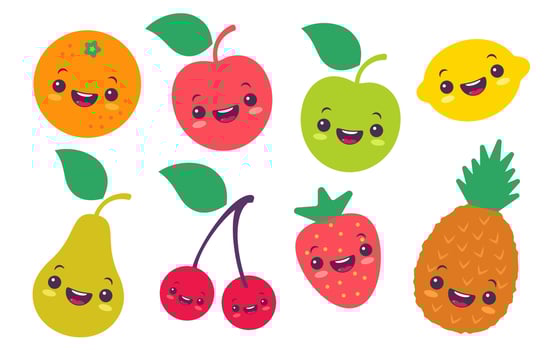 Vector set flat illustration of a fruits in kawaii style.