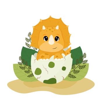 Funny baby dinosaur Triceratops in the egg shell. Dinosaur hatches from an egg vector