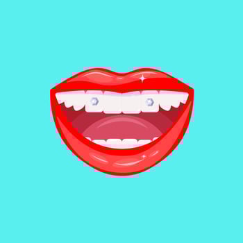 Teeth piercing with diamonds. Female mouth with snow-white teeth. Smile piercing. Decoration of teeth with jewelry stones, gem. Aesthetic dentistry. Vector illustration.