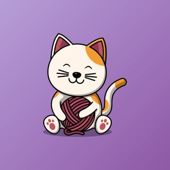 Cute cat hugging yarn ball vector illustration