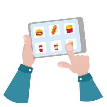 Mans hand holds a tablet and touches the screen with his fingers. Online food delivery order vector