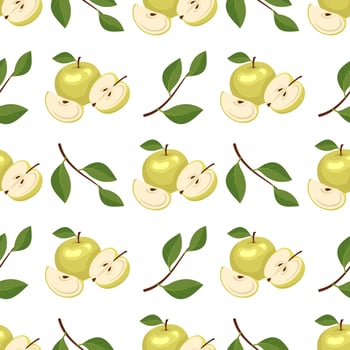 Seamless pattern with yellow apples. Print from whole and half healthy fruits. Background from sweet food for diet. Vector flat illustration