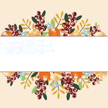 Border with flowers, berries, leaves and oranges. Great for advertisements, prints, posters, banners. Vector template.