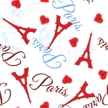 Eiffel tower on white background. Seamless pattern with Eiffel tower and word Paris. For textile, wrapping paper, packaging. vector