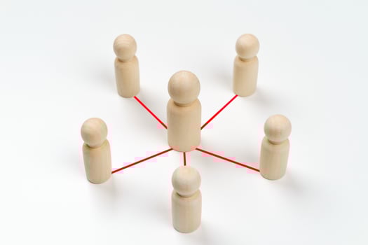 Wooden peg dolls are connected together with red lines on white background. Teamwork, Leadership, Business, human resource management Concept photo