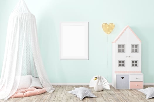 Mock up poster frame in children room,kids room,nursery mockup, wall,3d rendering photo