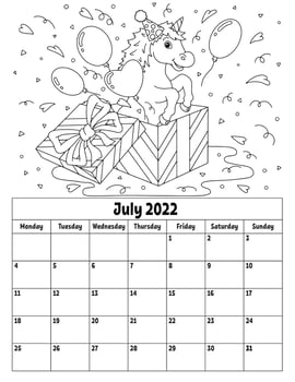 Vertical calendar for 2022 with a cute character. Coloring page for kids. Week starts on Monday. Isolated vector illustration. Cartoon style.