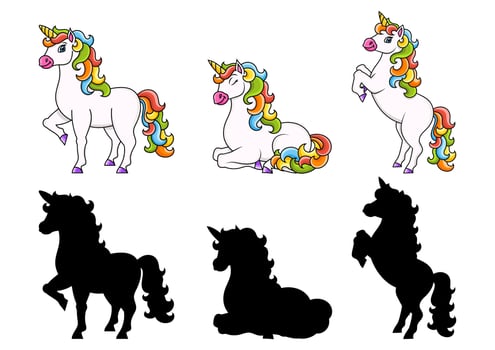 Cute unicorn. Magic fairy horse. Black silhouette. Cartoon character. Colorful vector illustration. Isolated on white background. Design element.