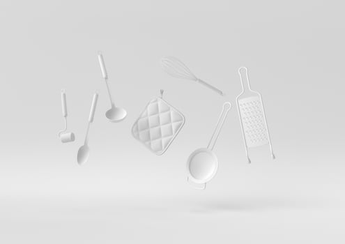 White Cooking utensils floating in white background. minimal concept idea creative. monochrome. 3D render. photo
