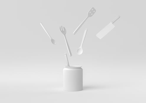 White Kitchen utensils and baking ingredients floating in white background. minimal concept idea creative. monochrome. 3D render. photo